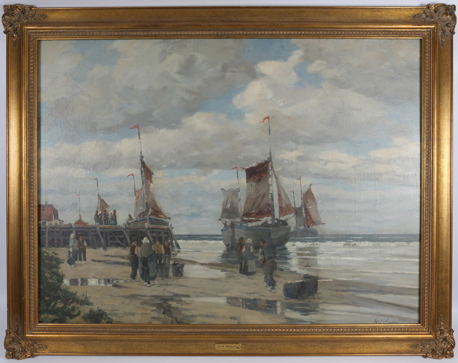 HENDRIK WILLEM MESDAG OIL ON CANVAS: Hendrik Willem Mesdag (Dutch 1831-1915); "Arrival of the Fishing Boats; shoreline scene; verso labeled from "The Roberts Gallery - Toronto"; label is circa 1924-1948 based on the address; gilt frame;