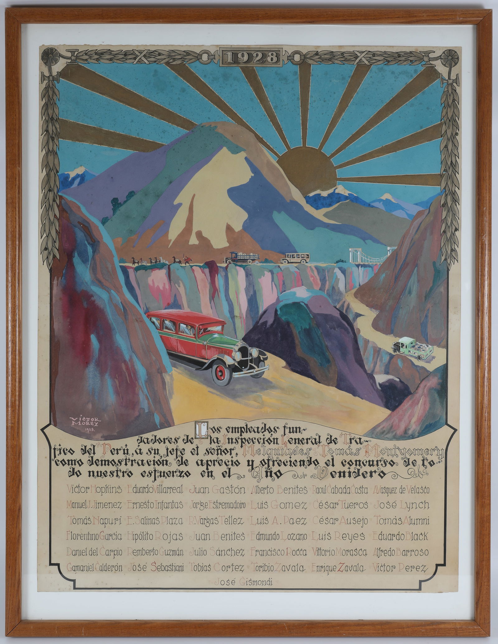 VICTOR MOREY PENA ORIGINAL ART TRANSPORTATION ILLUSTRATION: Gouache or tempera paint; dated 1928; brightly colored mountainous canyon scene featuring cars, trucks and bridges; several areas of spotting and discoloration; fading; possibly trimmed; framed; image