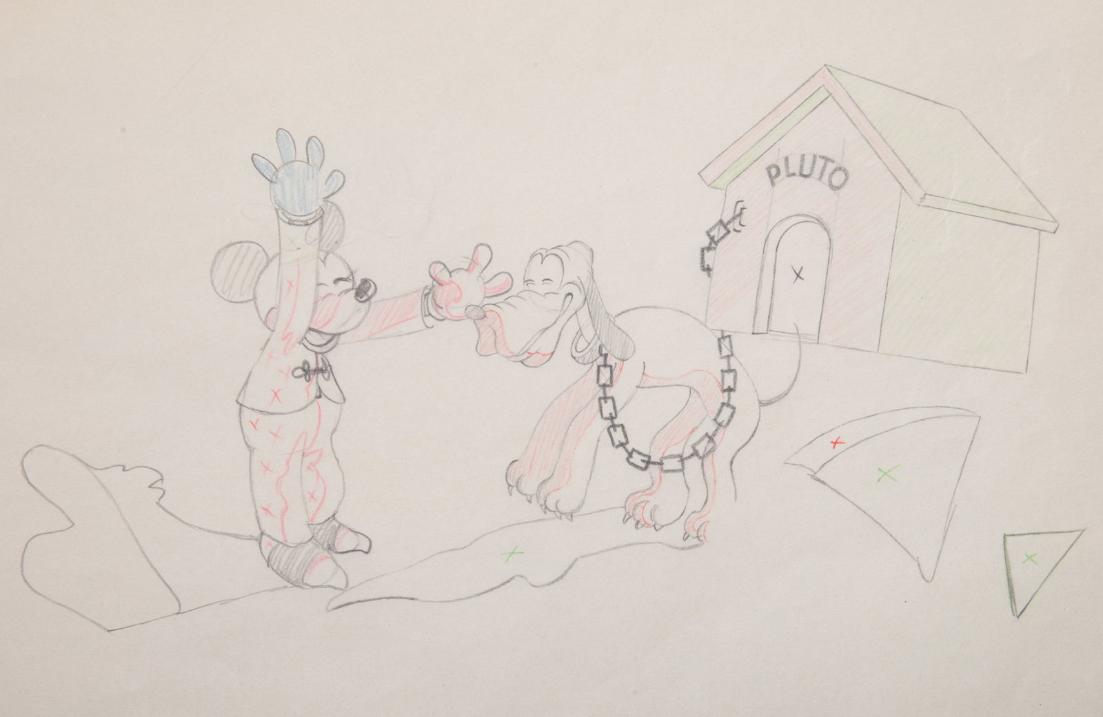 (1) VINTAGE DISNEY 12 FIELD ANIMATION DRAWING "THE MAD DOCTOR": Mickey and Pluto hand drawn animation sketch, featuring graphite, red, blue and green highlights; 12 field with two peg holes; production numbers lower right corner, from Disney "The Mad Doctor" (Walt