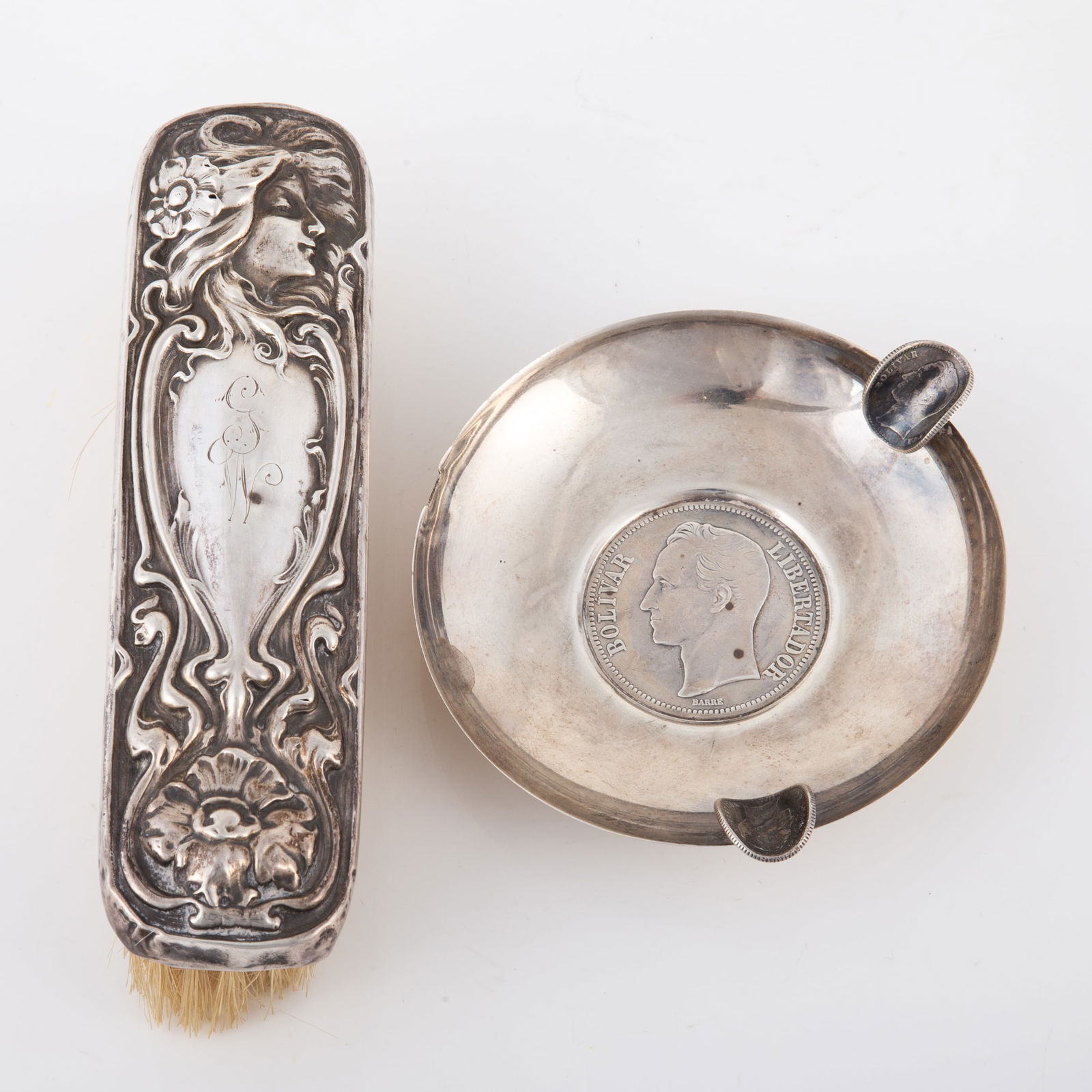 (2) PCS. STERLING: VENEZUELA ASHTRAY & ART NOUVEAU BRUSH (1 of 9)