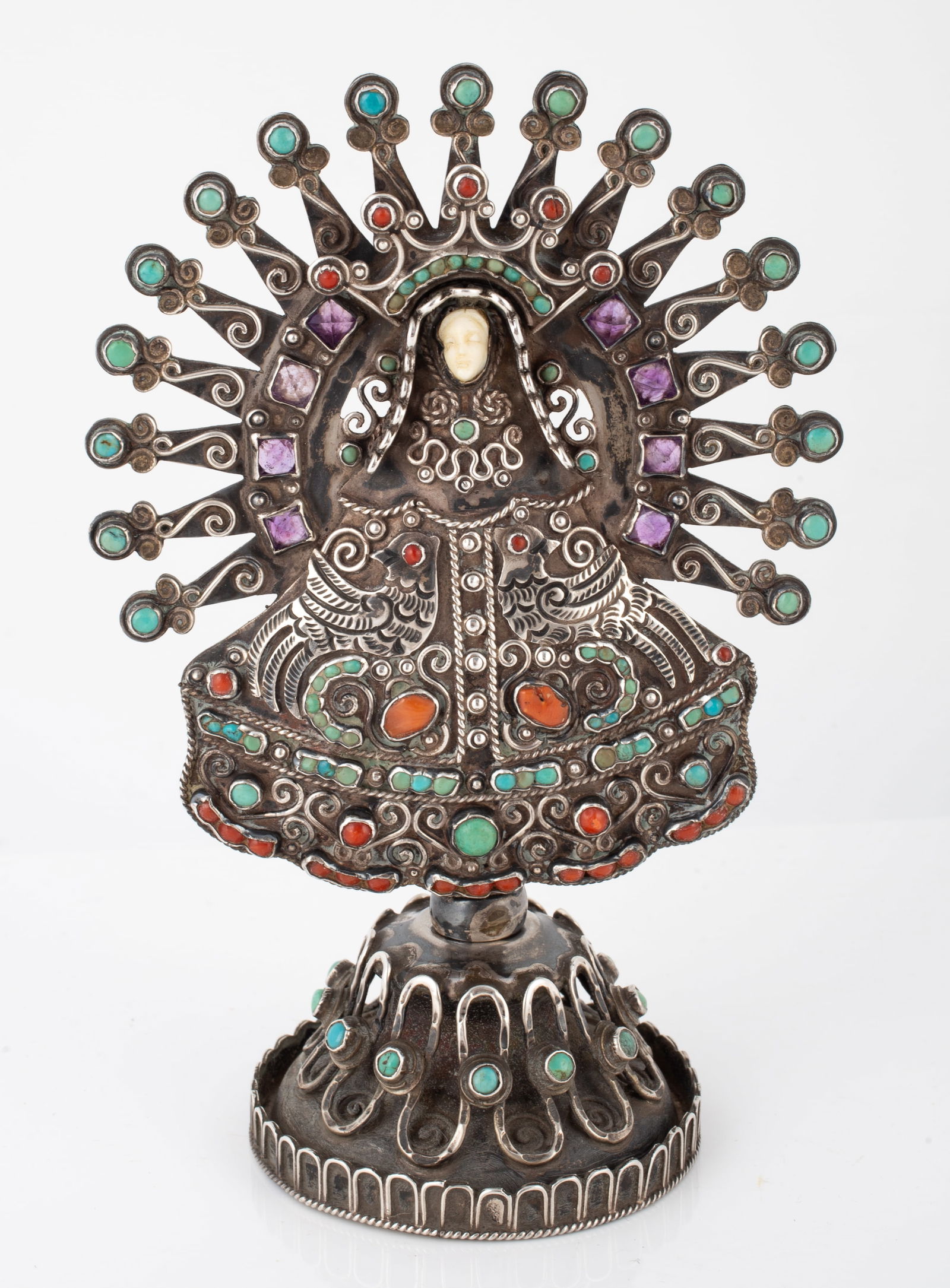 STERLING MATILDE POULAT / RICARDO SALAS MADONNA - SIGNED MATL: Sterling Madonna with carved bone face; elaborate halo set with round turquoise cabochon stones, pyramidal amethyst stones; crown set with small round coral stones and tiny turquoise stones; dress als