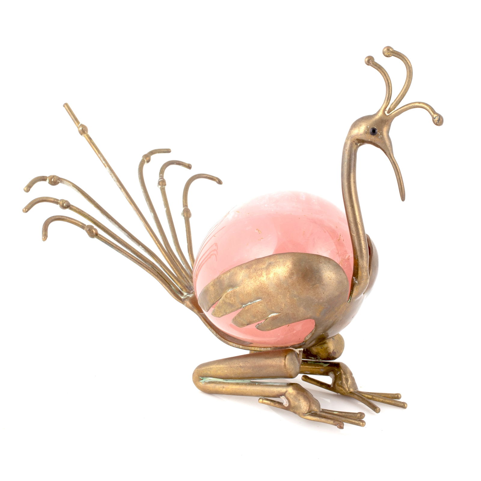 MID CENTURY MODERN BRASS & ROSE QUARTZ BIRD (1 of 4)