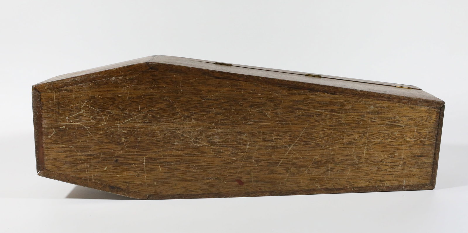 MINIATURE CASKET: Oak, hinged top; some scratches; 23 1/4" x 8" x 5 1/2" high; G-VG