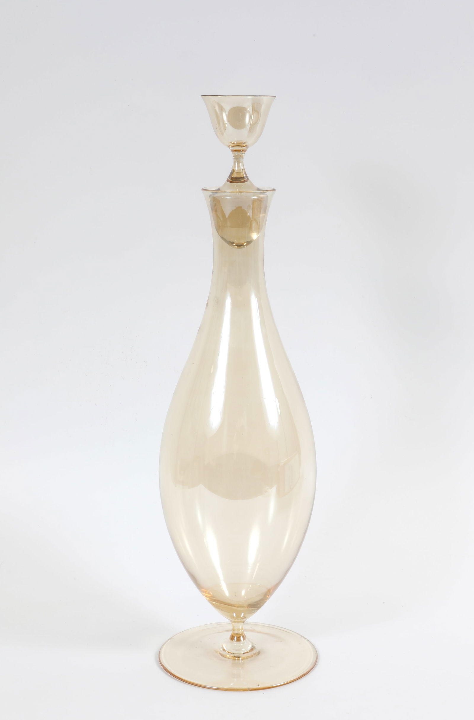 J & L LOBMEYR PATRICIAN WINE DECANTER - JOSEF HOFFMANN: Fine pale yellow glass decanter with drinking glass-form stopper; no markings; very minor wear; height with stopper H-13 3/4", L-3 1/2", EX