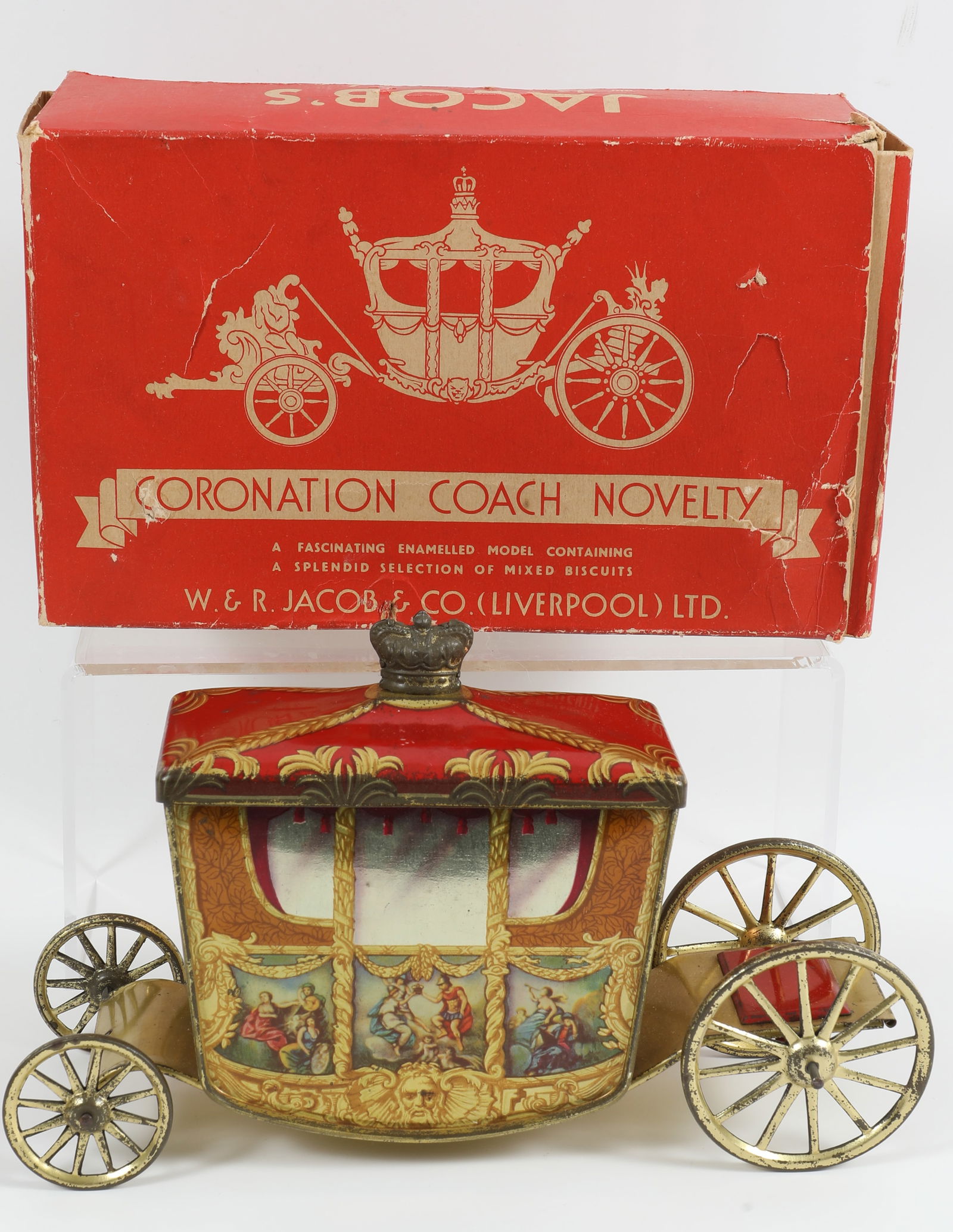 W & R JACOB & CO. CORONATION COACH BISCUIT TIN with ORIGINAL BOX: Coronation coach tin litho biscuit tin; tin litho coach is in exceptionally good shape with very minor spotting; original box has creases, edge tears and moderate wear; box size: 9" x 3 3/4" x 5 5/8",