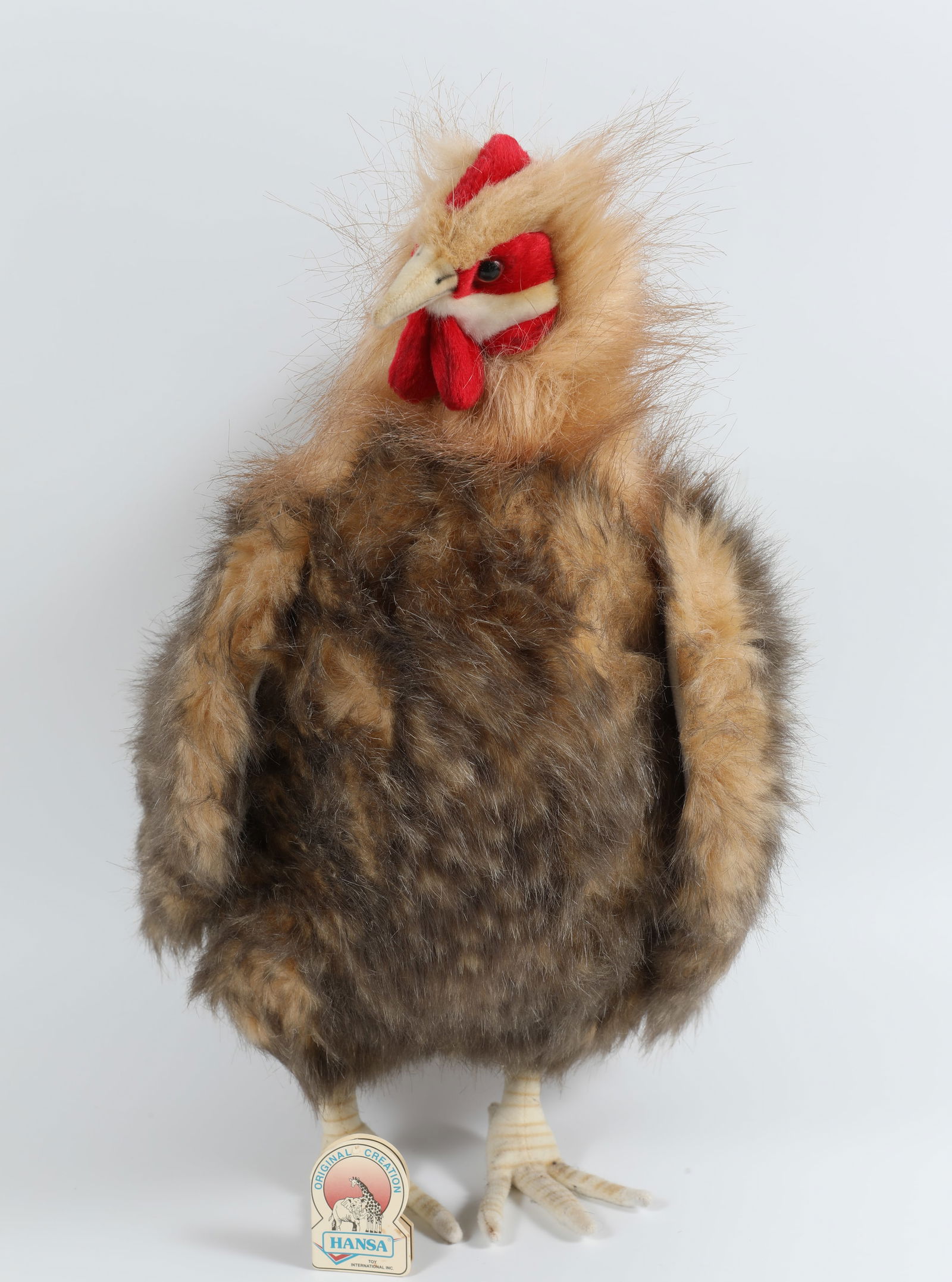HANSA LIFE SIZE CHICKEN PLUSH ANIMAL: Standing; "Beige Hen"; retains fabric tag and paper tag (detached); some soiling to bottoms of feet; H-16 3/4"; L-13", VG-EX