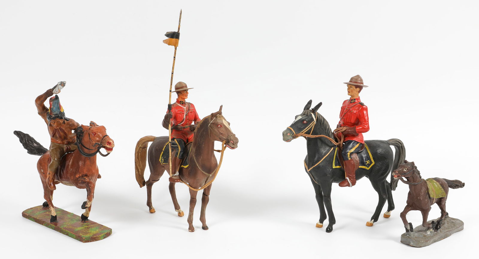 COMPOSITION ELASTOLIN / HAUSSER, ETC. HORSE & RIDER FIGURES, MOUNTIES, NATIVE AMERICAN (1 of 15)