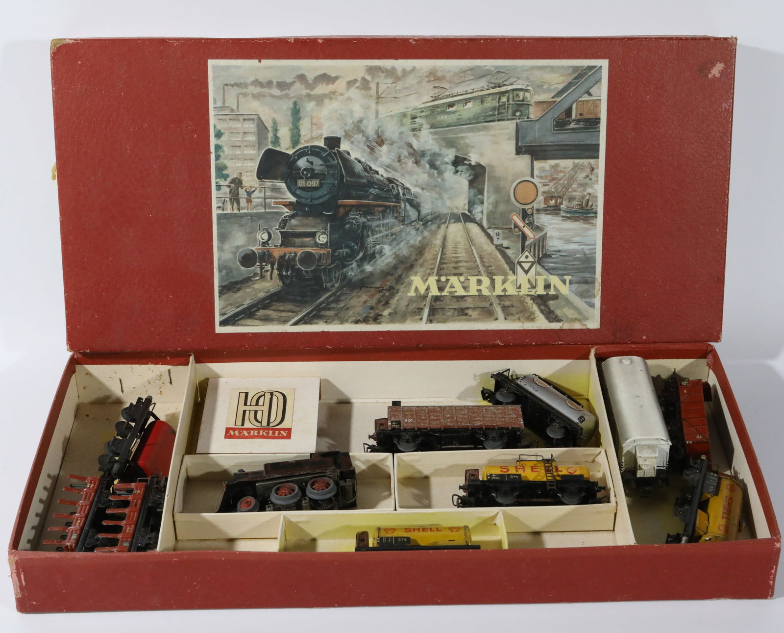 MARKLIN HO ENGINE & CARS: Marklin box included, Germany; painted metal; engine needs minor repair; some losses and scratches; most have normal wear; box: 19 1/2" x 9" x 2" high, G