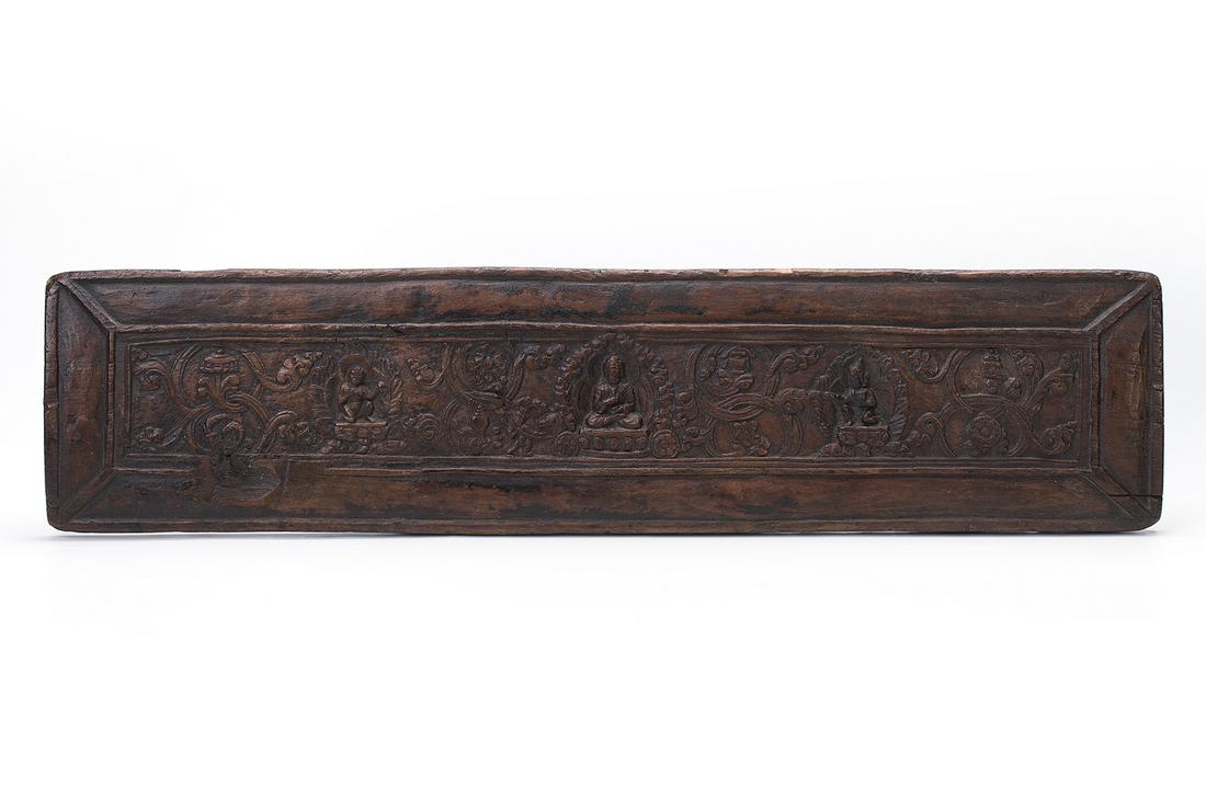 Arte Himalayana A wooden carved book cover with Padma: A complete Woodcarving board(Buddhist art), scripture-weight, the main pattern is Padma Sambhava Buddha and disciples The patterns carved delicate and carved exceedingly vivid. The whole board of the 