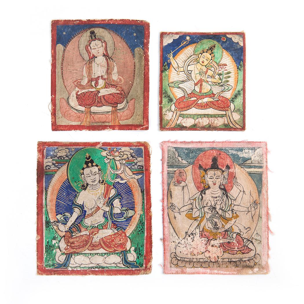 Antique Tibet-Mongolian Buddhist miniature thangka: These paintings is drawn on canvas by mineral pigment. It painted by mineral paints on linen. Old & used condition. Dates back to 19th . It measures: 8.0 cm x 7.0 cm. 8.4cm x 7.2 cm 8.2cm x 7.2 cm