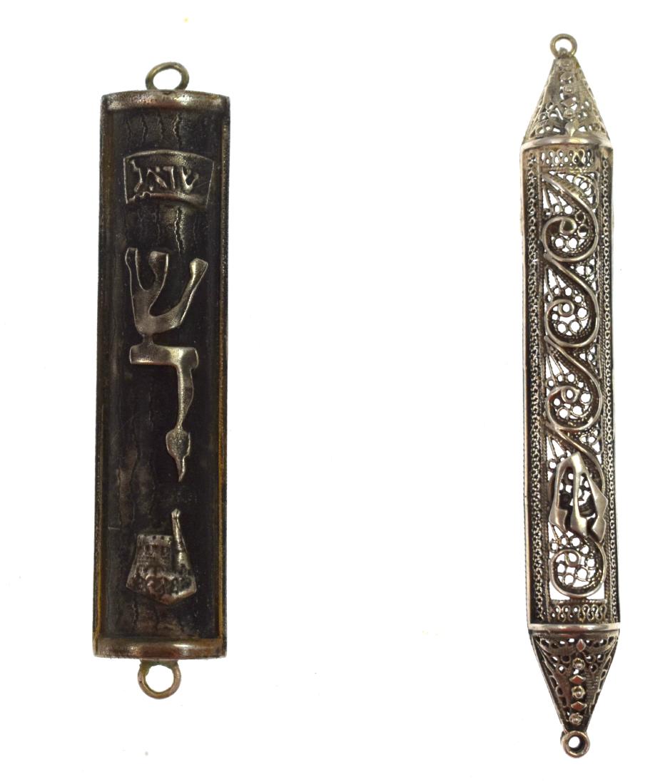 Pair,  of silver mezuzot, filigree and Tower of David (1 of 2)