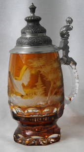 Heavy Bohemian Amber Glass Beer Stein Engraved: Heavy Bohemian Amber Glass Beer Stein Engraved Condition: Excellent and heavy Size: 10 in H. 5 3/4 W. If you would like to receive more detailed photos, please let us know. We do not accept credit car