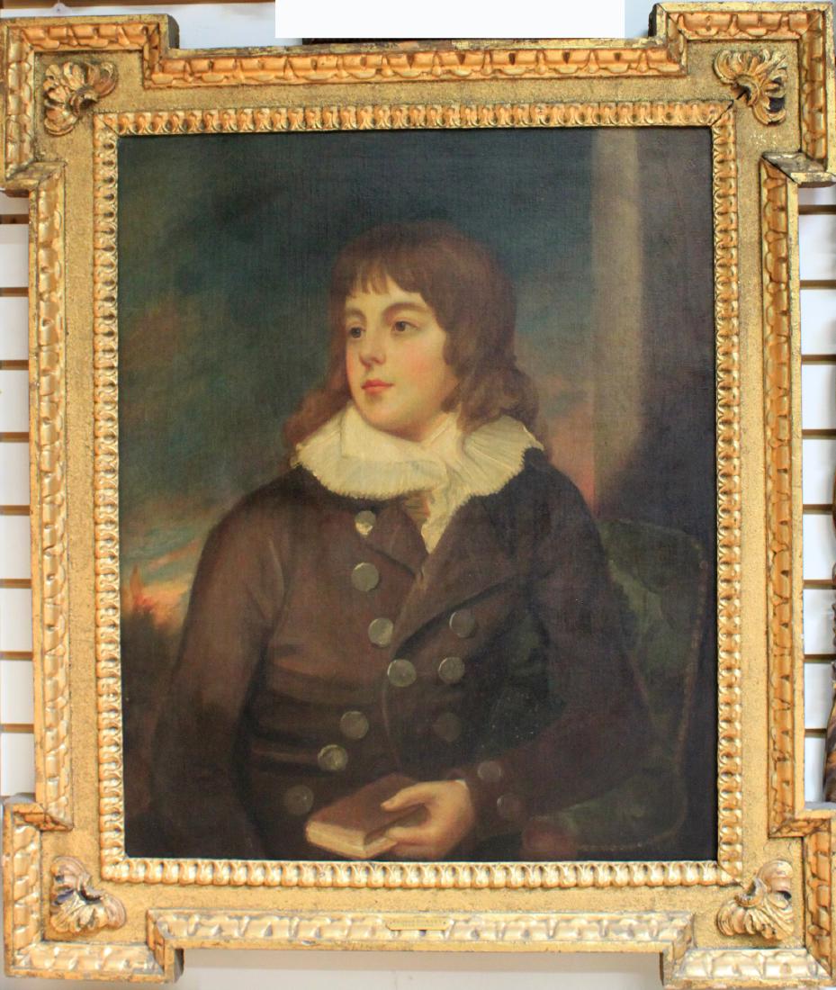 18 Century English Oil on Canvas Painting by George: 18 Century English Oil on Canvas Painting by George Romney (1734 - 1802) Lord Charles Moore Size: 30 x 25 in. Frame: 3/ 1/4 x 33 in. Artist Description: George Romney was an English portrait