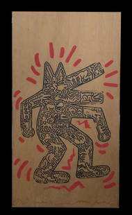 Large Marker on Board Painting After Keith Haring: Large Marker on Board Painting After Keith Haring Signed and dated on the back Size: 66 1/4 x 36 in. Lot 1 to 91: These items are from a private collection. We do not guarantee the authenticity of