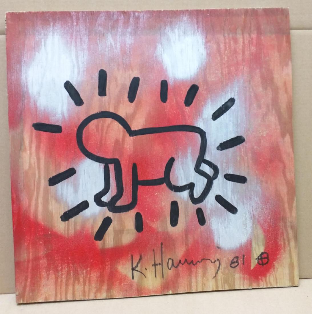 Marker and Spray on Board Painting After Keith Haring: Marker and Spray on Board Painting After Keith Haring Signed “K. Haring 81” Size: 24 x 24 in. Lot 1 to 91: These items are from a private collection. We do not guarantee the authenticity of these