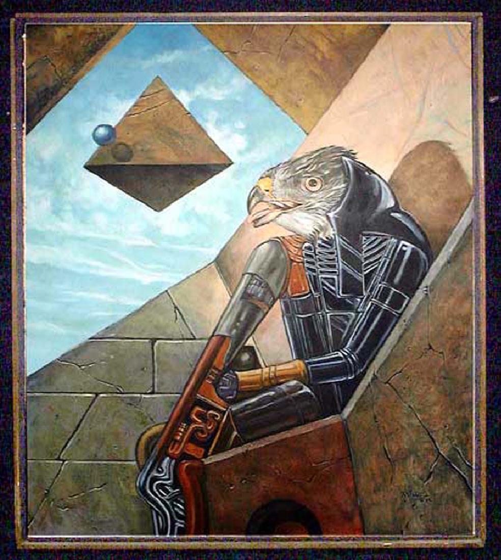 Abstract Futuristic Oil on Board Painting of a Hawk: Abstract Futuristic Oil on Board Painting of a Hawk Depicting a hawk, dressed in an armored suit. The piece is signed and dated by the artist in the lower right hand corner “Missal 82”. The piece 