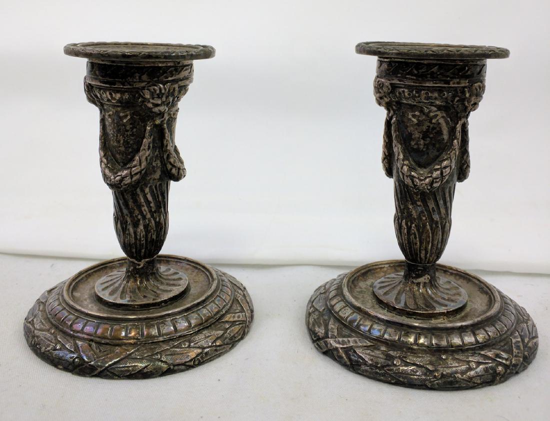 Pair 19 century French bronze silver pated single: Pair 19 century French bronze silver pated single candle holder Size: 4 1/2 in H. x 3 1/2 in diameter. If you would like to receive more detailed photos, please let us know. We do not accept credit ca