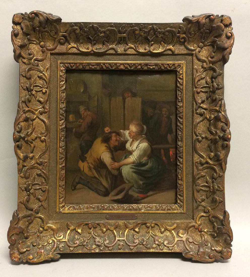Circel of Jan Steen Dutch 17 Century Oil on Panel: Dutch 17 Century Oil on Panel Circel of Jan Steen (Dutch, 1626-1679) Tavern Interior with Tussling Couple Signed or inscribed "JSteen" on the edge of the stool lower right., with an unidentified red w