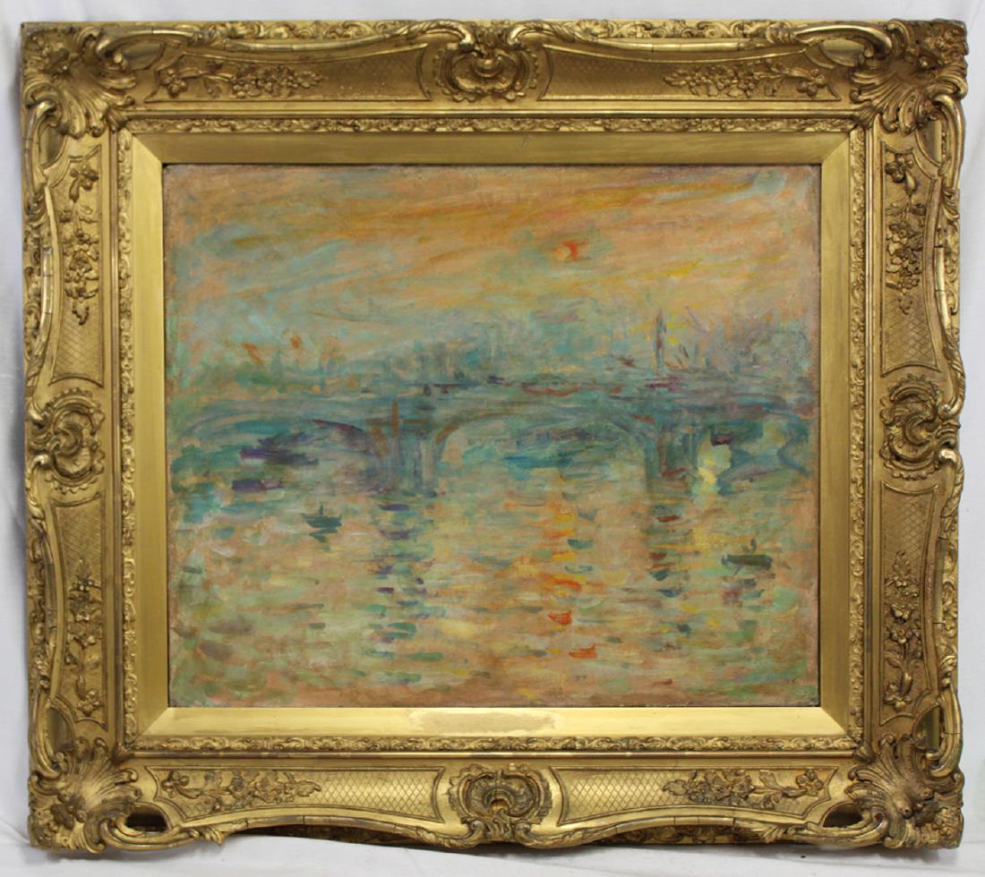 Old Impressionist Oil on Canvas Painting Circle of: Old Impressionist Oil on Canvas Painting Circle of Claude Monet Very good condition. The painting is signed lower right “Claude Monet” but at one time it was covered with some paint (perhaps good