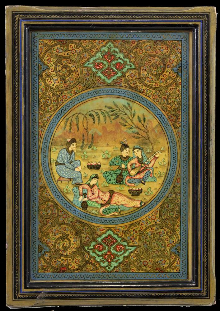 Pair 19 Century Islamic Persian Qajar Hand Painted: 19 Century Islamic Persian Qajar Hand Painted Lacquered Book Cover. Hand panted decoration on reverse. Size: 11 3/8 x 9 in. each Overall: 12 1/2 x 10 1/4 in. If you would like to receive more detai