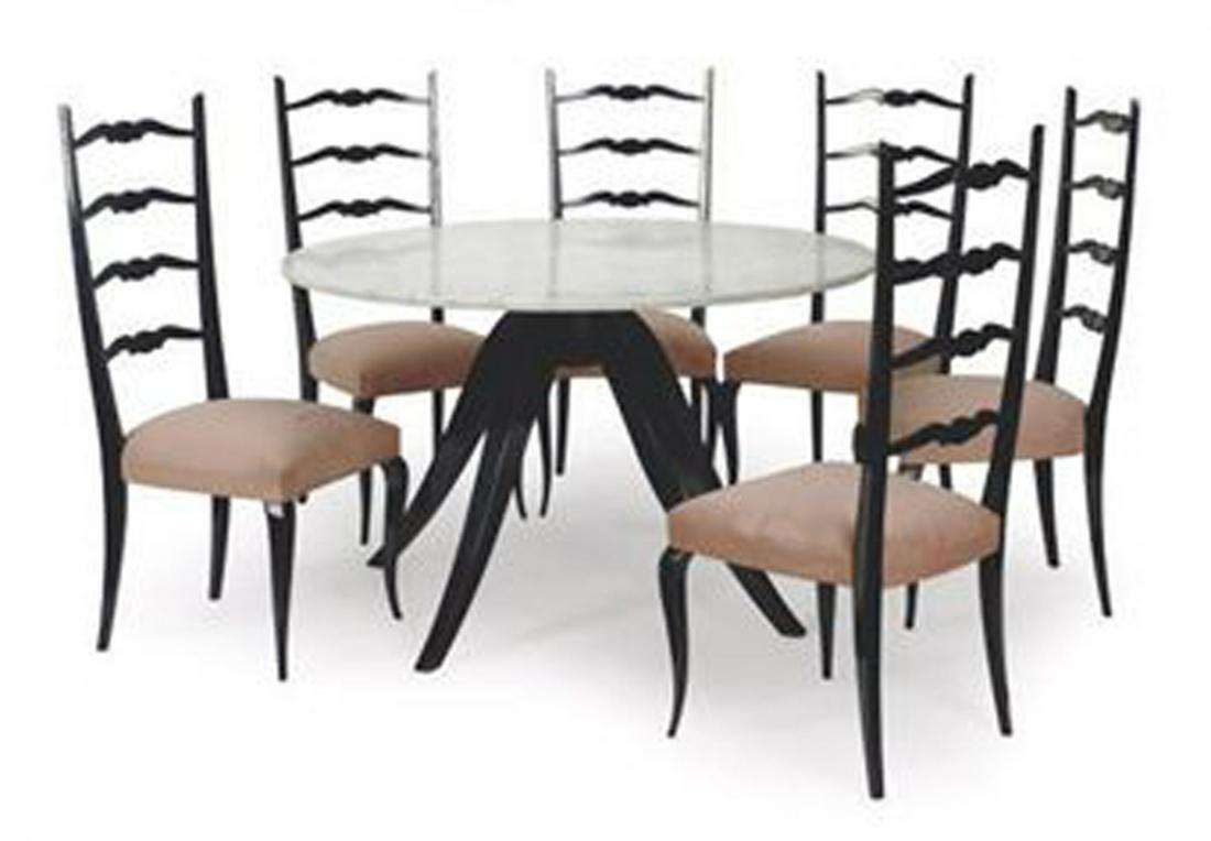 AN EBONIZED DINING SUITE: AN EBONIZED DINING SUITE 20TH CENTURY comprising a marble-top circular dining table and six side chairs The table 28¾in. (73cm.) high, 49in. (124.5cm.) diameter; the chairs 42 1/2in. (108cm.) high, 1