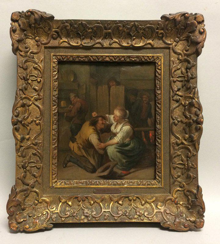 Dutch 17 Century Oil on Panel Circel of Jan Steen: Dutch 17 Century Oil on Panel Circel of Jan Steen (Dutch, 1626-1679) Tavern Interior with Tussling Couple Signed or inscribed "JSteen" on the edge of the stool lower right., with an unidentified red w