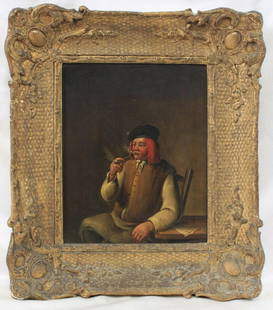 19th Century European Oil on Panel Painting in the: 19th Century European Oil on Panel Painting in the manner of Cornelis Pietersz Bega (1631-1664) A Peasant Smoking at a Table The back has a tag Forse, Ltd. on Bond Street in London. Original frame The