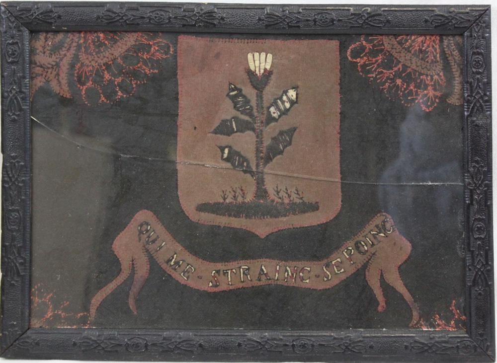 An Embroidered Coat of Arms French: An Embroidered Coat of Arms French as the tag on the back Charles ten from pair of Jacob Gothic chairs Framed Size: 9 ½ x 13 ¼ inches If you would like to receive more detailed photos, please let us