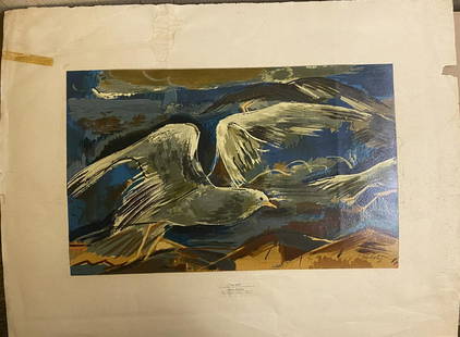 ZOLTAN SEPESHY ORIGINAL SERIGRAPH OF SEAGULLS: ZOLTAN SEPESHY ORIGINAL SERIGRAPH OF SEAGULLS(HUNGARY, MICHIGAN, 1898-1974) Size plate: 11 1/2 x 18 1/2 in. Page size: 20 x 26 in. No damage in the center plate.