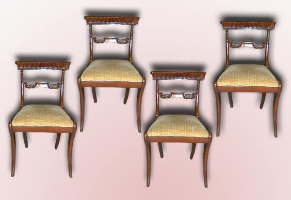 SET OF 4 MAHOGANY 19 CENTURY CHAIRS: SET OF 4 MAHOGANY 19 CENTURY CHAIRS 19th century set of 4 carved mahogany side chairs. Similar chair described in book "Duncan Phyfe and English Regency 1795-1830" by N. McClelland. p. 278, plate 265.
