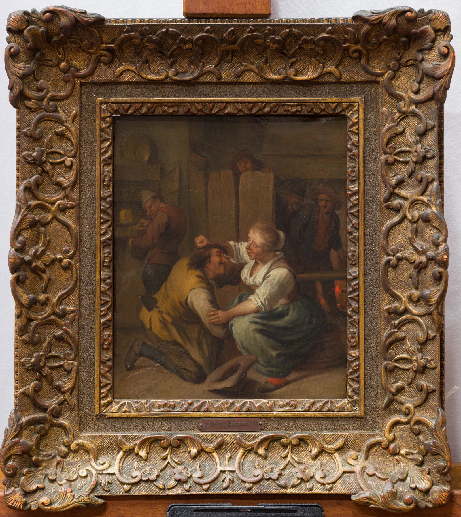 Circle of Jan Steen (Dutch, 1626-1679) - Tavern: Circle of Jan Steen (Dutch, 1626-1679) - Tavern interior with tussling couple oil on panel size: 9 1/4 x 7 5/8 in. (23.5 x 29.3 cm) Signed or inscribed “J Steen” on the edge of the stool, lower ri