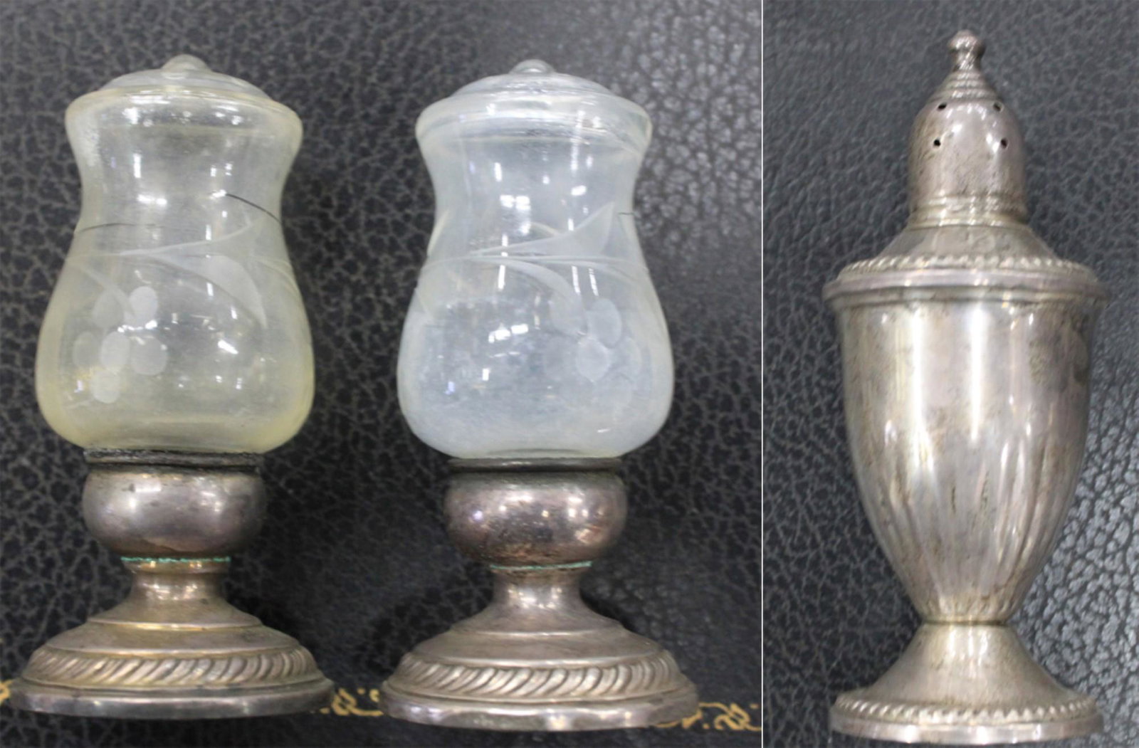 Sterling Silver Salt and Pepper Shakers: Sterling Silver Salt and Pepper Shakers Set of three sterling silver salt and pepper shakers. Two are marked ouaker silver 706 sterling weighted pat. No. 2026738. The other one is marked sterling weig