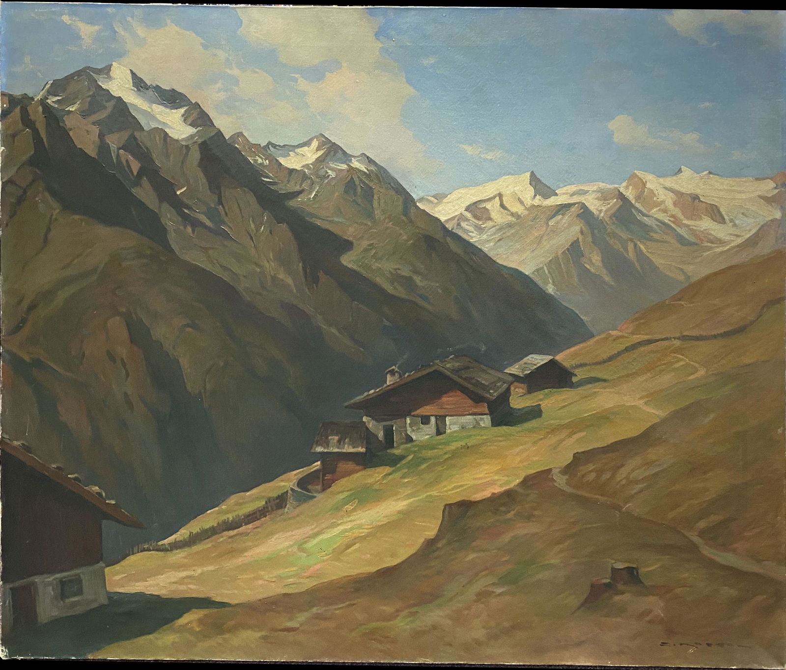 Oil on Canvas Painting by Karol Kossak (Polish, 1896-1975): Oil on Canvas Painting by Karol Kossak (Polish, 1896-1975) Alpine Scene with a Cottage. Signed "...KOSSAK" lower right. Oil on canvas. Size: 31 3/8 x 37 1/2 in., unframed. If you would like to receive