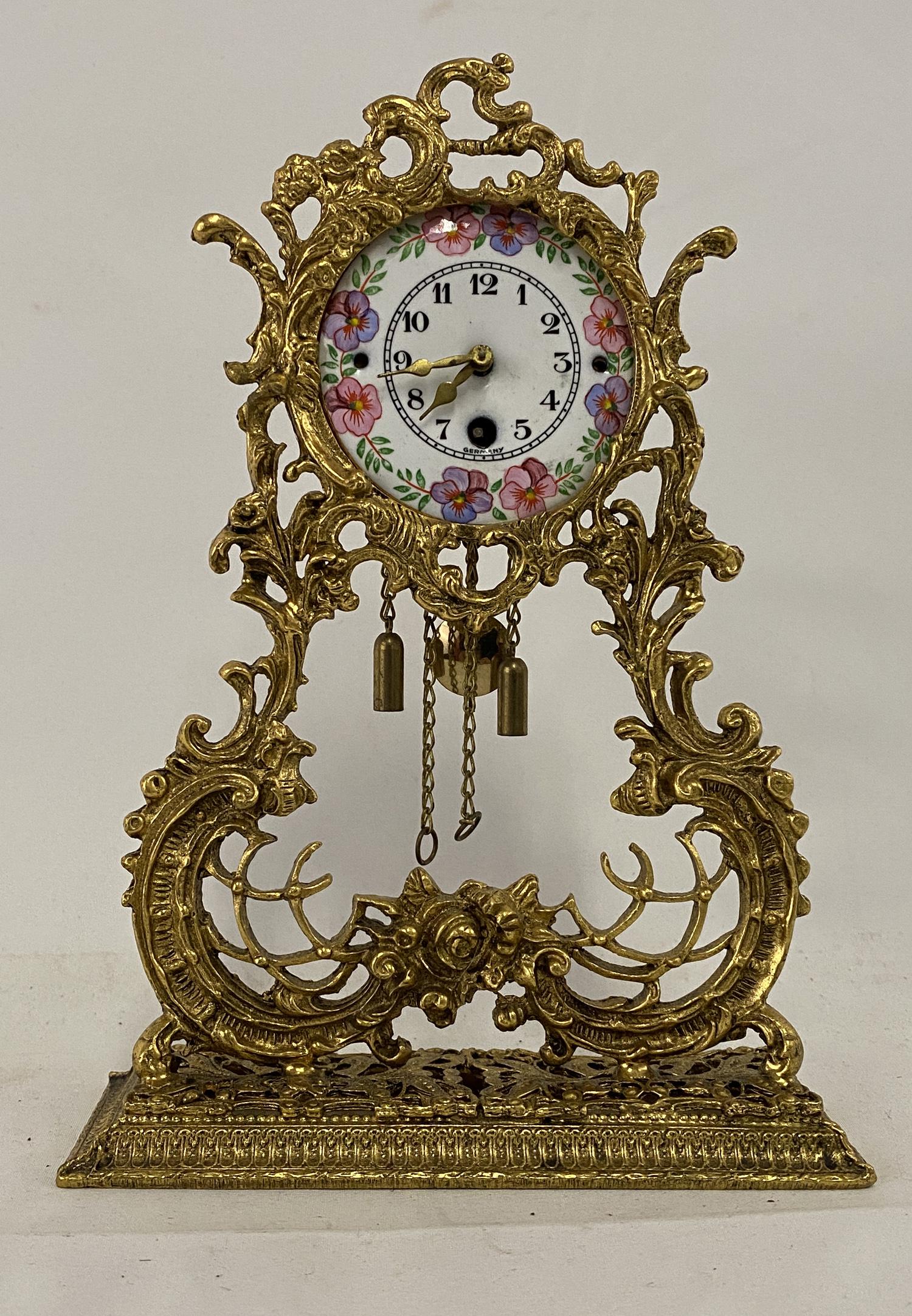 Brass and Enamel Miniature Clock With Pendulum (1 of 4)