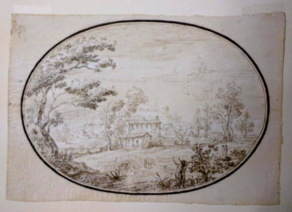 Giovanni Francesco Grimaldi (Bologna 1606-1680 Rome) (Attributed): Giovanni Francesco Grimaldi (Bologna 1606-1680 Rome) (Attributed) - A landscape with a pollard tree and a house DESCRIPTION pen and brown ink on leaded paper size: 7 1/2 x 10 7/8 in. frame: 14 1/2 x