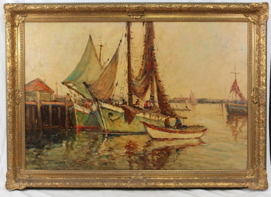 19 Century Oil on Canvas Painting by William Ward Jr. (Canadian, 1879-1935): 19 Century Oil on Canvas Painting by William Ward Jr. (Canadian, 1879-1935) - Harbor Scene DESCRIPTION oil on canvas size: 24 x 36 in. (61 x 91.4 cm.) frame: 28 _ x 41 _ in. (72.4 x 105.4 cm.)</