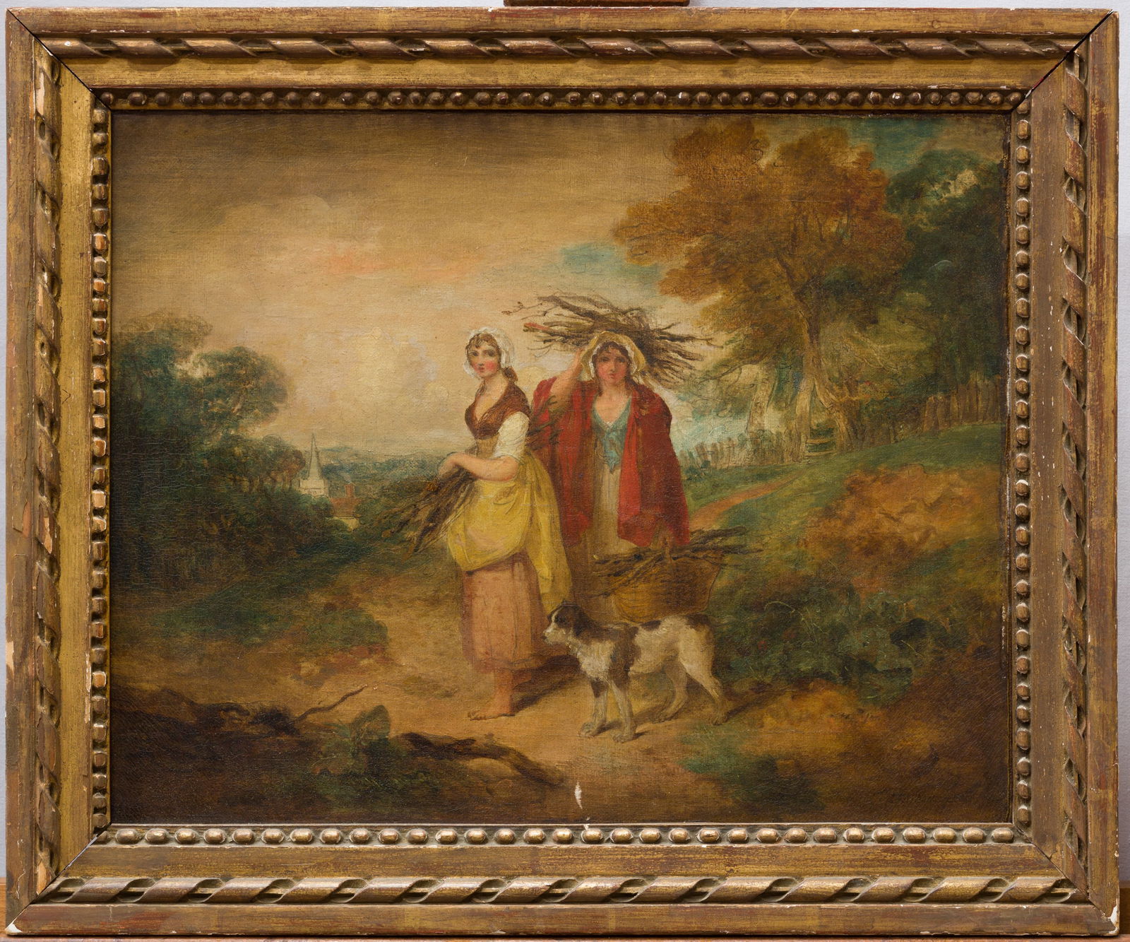 18 Century Oil on Canvas Painting by Francis Wheatley, R.A. (London 1747-1801: 18 Century Oil on Canvas Painting by Francis Wheatley, R.A. (London 1747-1801) (Attributed) - Wood gatherers and their dog on the road home DESCRIPTION oil on canvas size: 11 _ x 14 in. (28.6 x 35.6 c