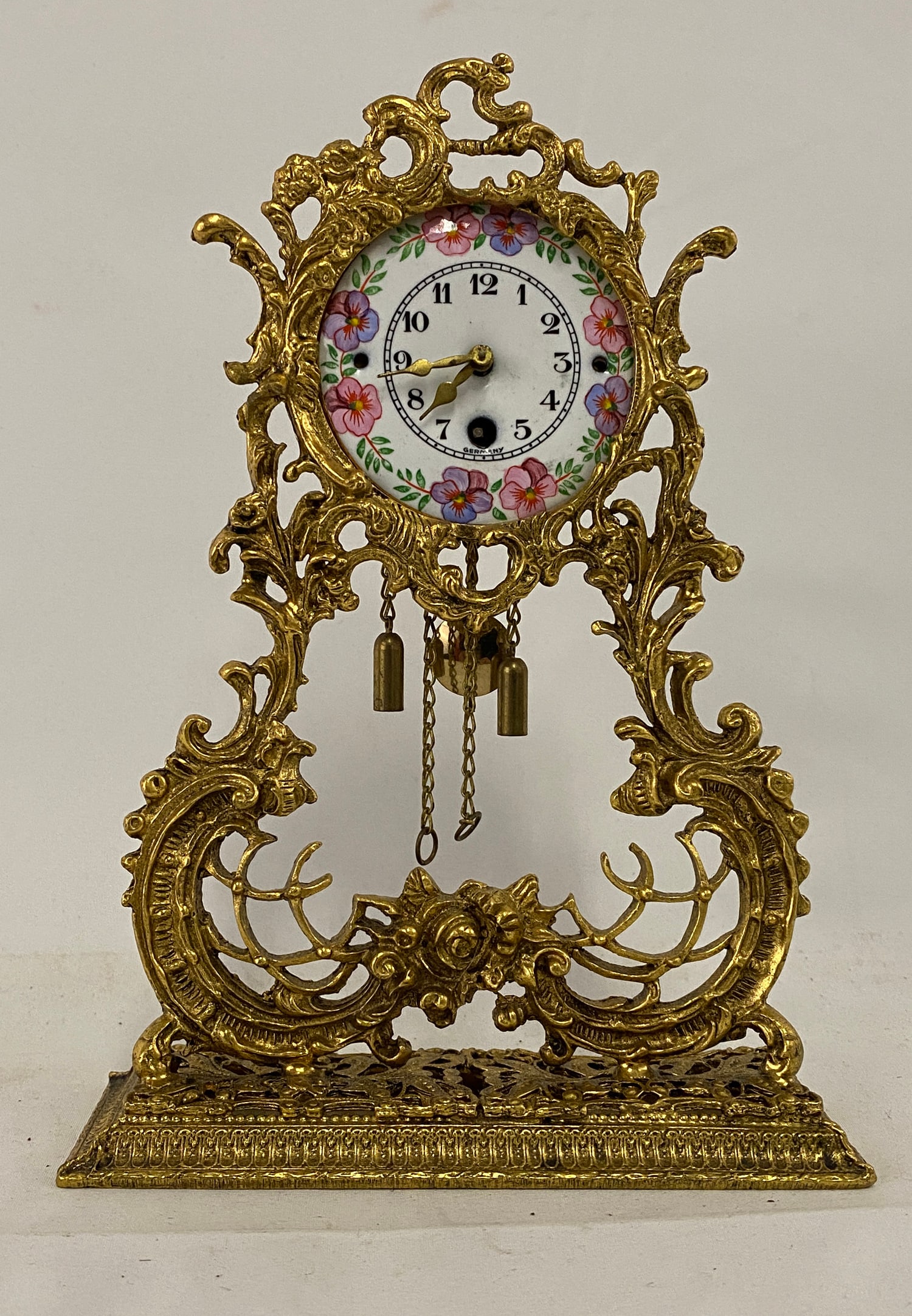 Brass and Enamel Miniature Clock With Pendulum (1 of 4)