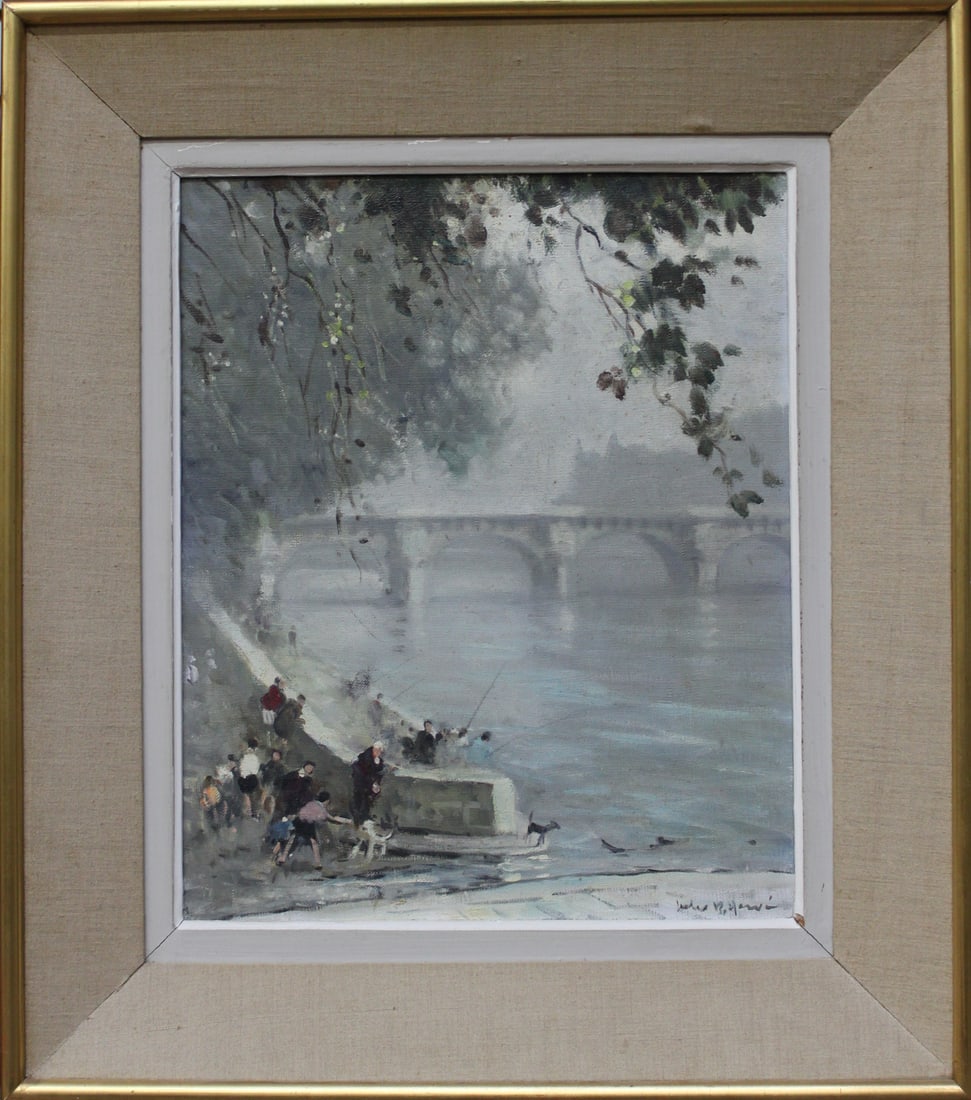 Jules Rene Herve (French, 1887-1981) - "Along the Seine, Paris": Jules Rene Herve (French, 1887-1981) - "Along the Seine, Paris" Charming oil on canvas painting by Jules Rene Herve, titled "Along the Seine, Paris". Signed "Jules R. Herve" lower right and additional