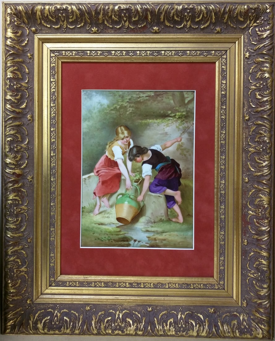 Vienna Hand-Painted Porcelain Plaque of Two Girls at the Stream (1 of 5)