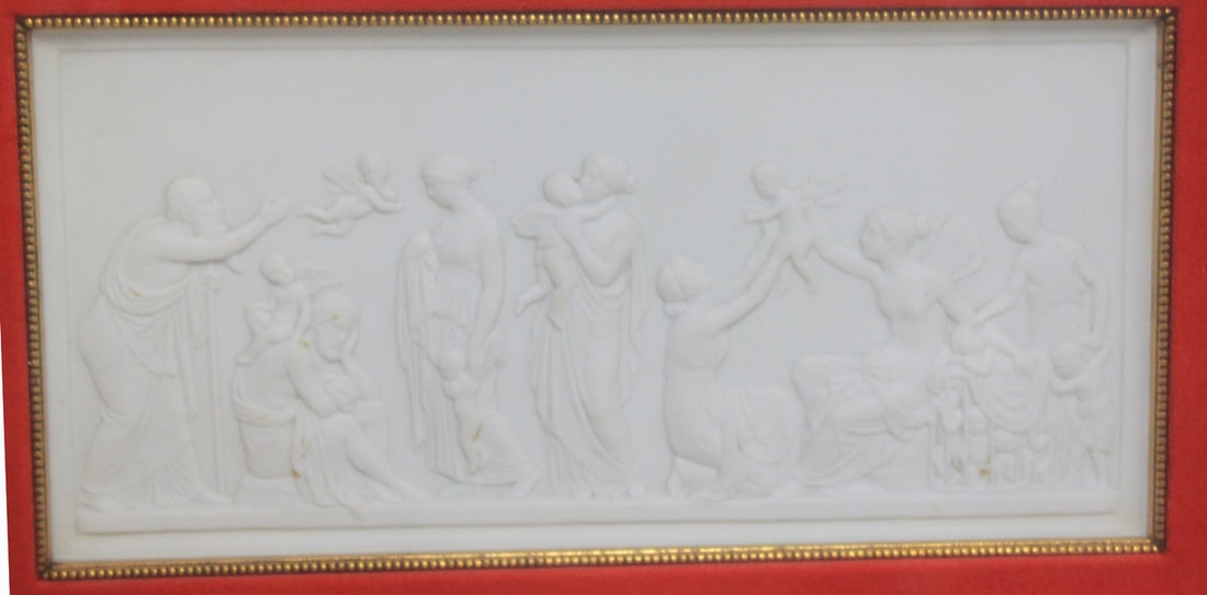 Bing & Grondahl Bisque Porcelain Plaque: Bing & Grondahl Bisque Porcelain Plaque A finely molded Bing & Grondahl bisque porcelain plaque depicting a classical allegorical scene in high relief with multiple draped figures and cherubs. The whi