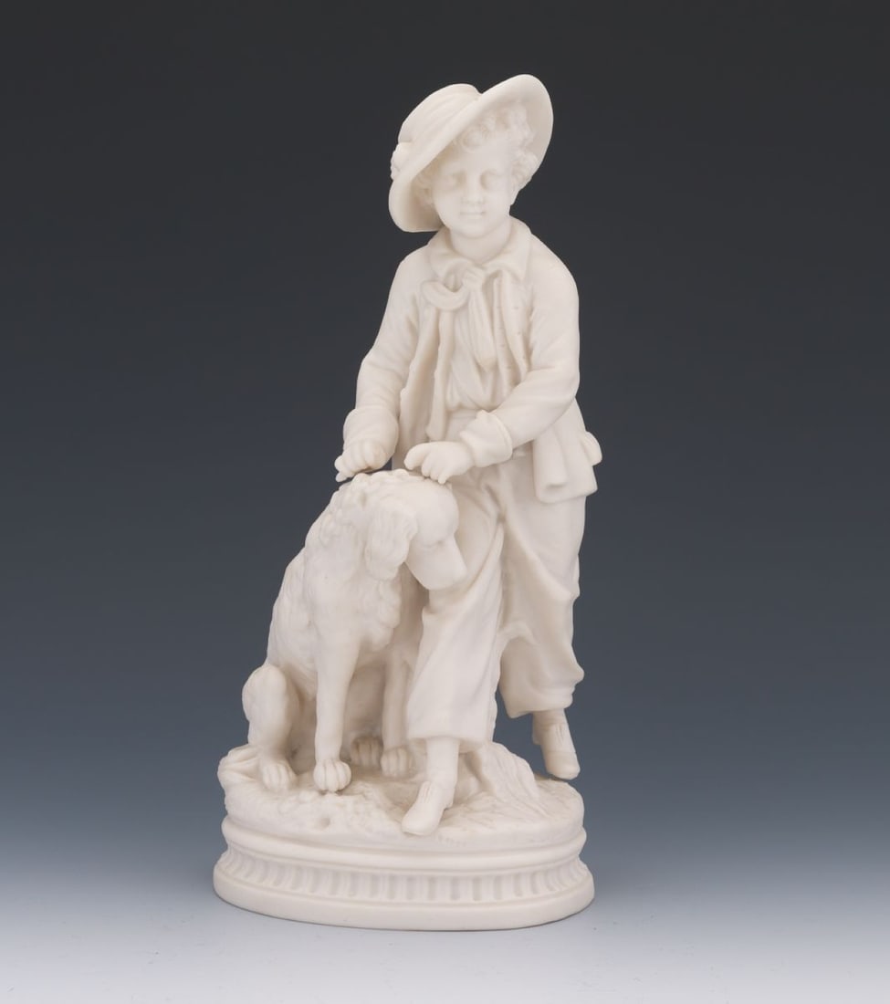 Continental Bisque Porcelain Figural Group, Boy with Dog: Continental Bisque Porcelain Figural Group, Boy with Dog Charming 19th-century Continental bisque porcelain sculpture depicting a young boy in period attire gently resting his hands on the head of a s