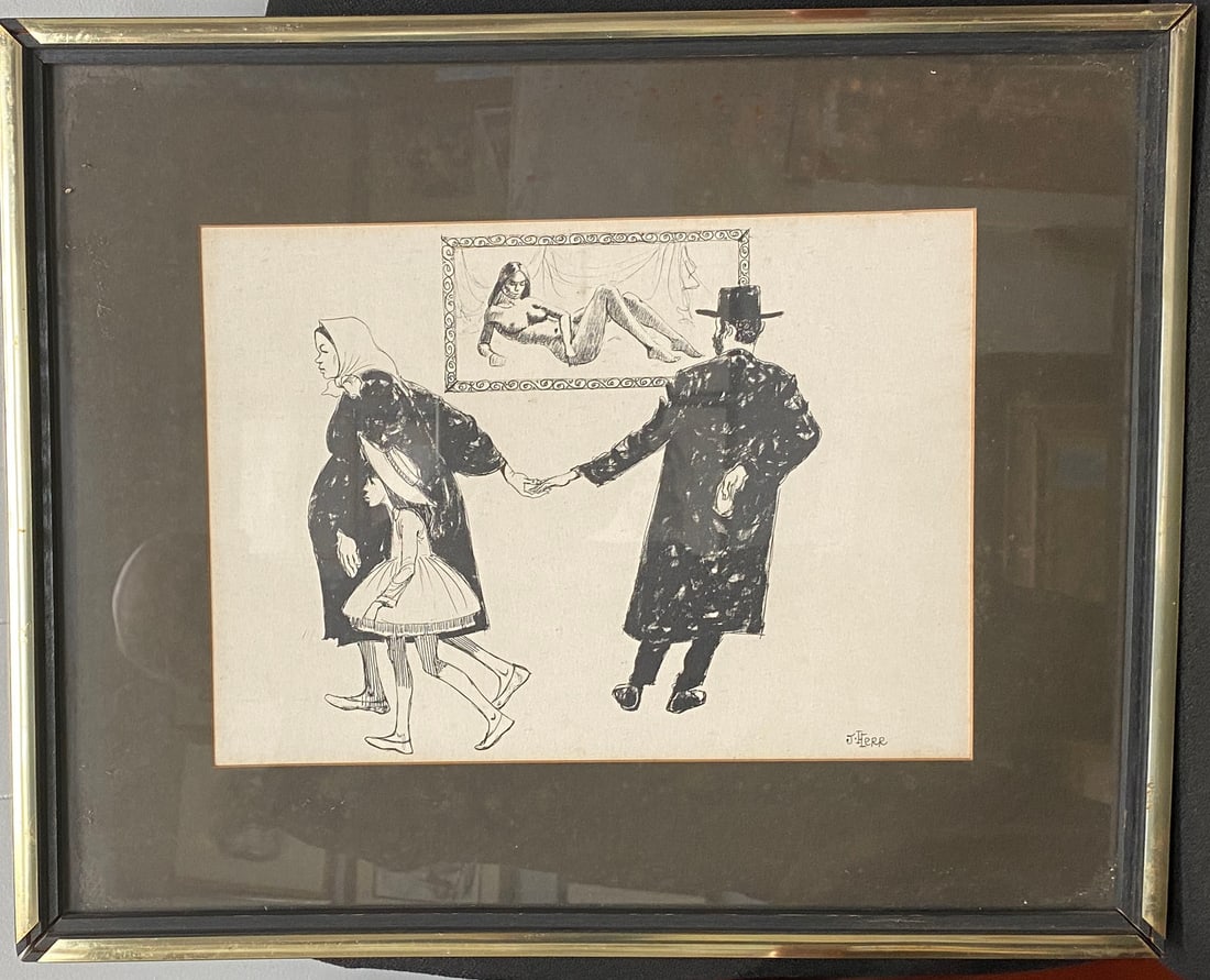 J. Herr - Jewish Family and Nude Painting Lithograph Print: J. Herr - Jewish Family and Nude Painting Lithograph Print Signed lower right Lithograph on paper Opening size: 10 x 14 in. (25.4 x 35.6 cm) Frame size: 17 x 21 in. (43.2 x 53.3 cm) Striking and humor