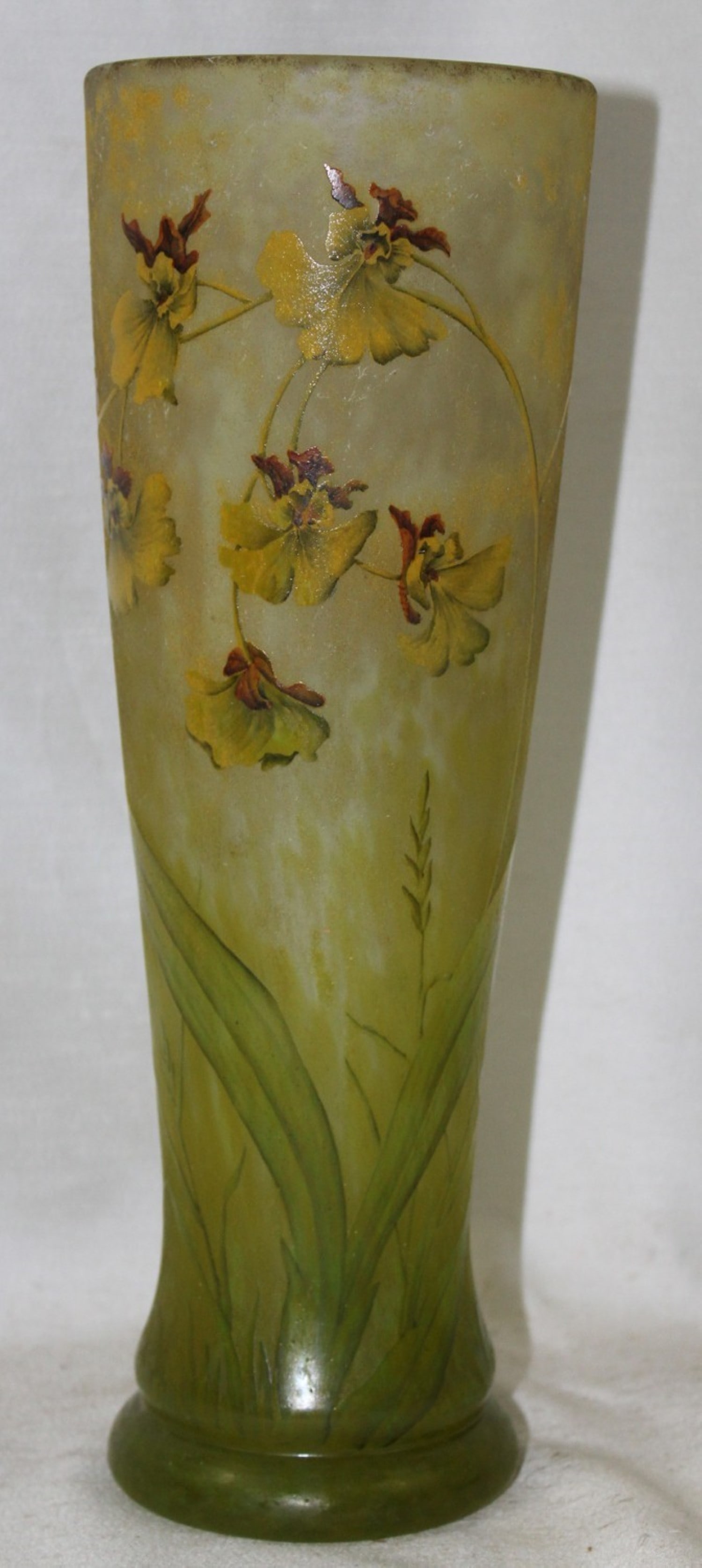 C. 1900-1910 Daum Freres, Nancy (French), Art Nouveau Cameo Glass Vase with Pansies: Daum Freres, Nancy (French), Art Nouveau Cameo Glass Vase with Pansies, c. 1900-1910 Art Nouveau French cameo glass vase by Daum Freres, Nancy, featuring a continuous garland of yellow pansies (violas