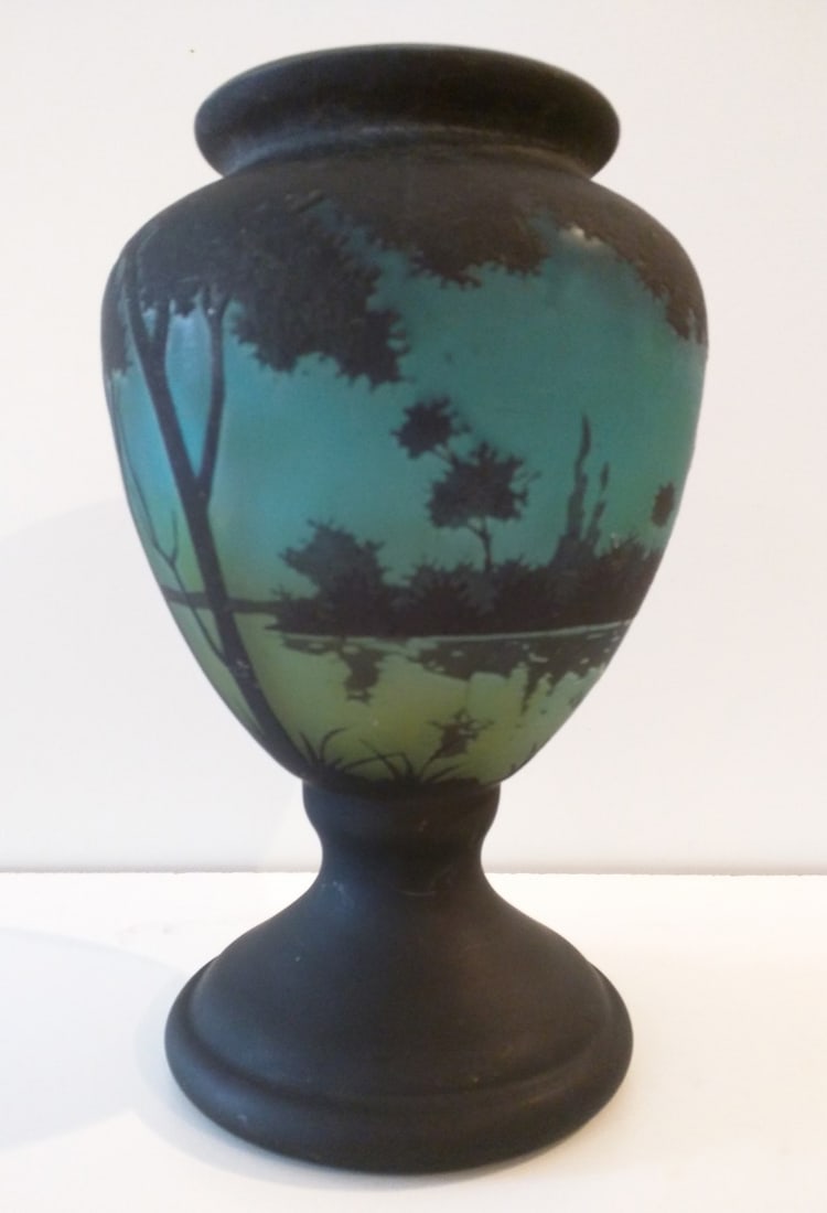 C. 1900 Daum Nancy Art Nouveau Cameo Glass Pedestal Vase, Winter Landscape: Daum Nancy Art Nouveau Cameo Glass Pedestal Vase, Winter Landscape, c. 1900 French Art Nouveau cameo glass pedestal vase, the ovoid body finely acid-etched in layered glass to depict a tranquil winter