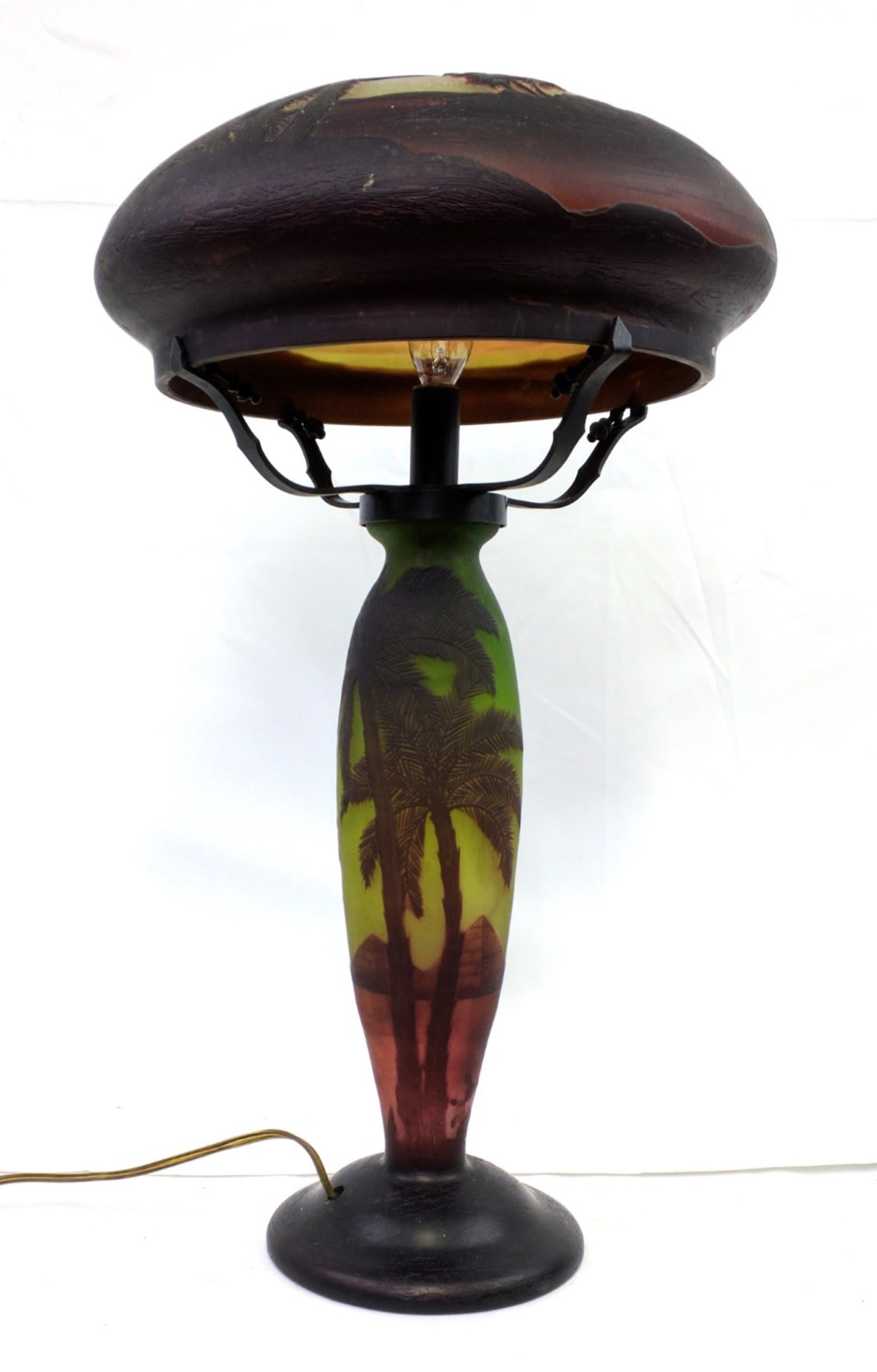 Richard Art Nouveau Cameo Glass Table Lamp with Desert Oasis Scene: Richard Art Nouveau Cameo Glass Table Lamp with Desert Oasis Scene, 20 1/2 in. H. An Art Nouveau cameo glass table lamp, signed Richard, featuring a beautifully executed desert oasis landscape. The do