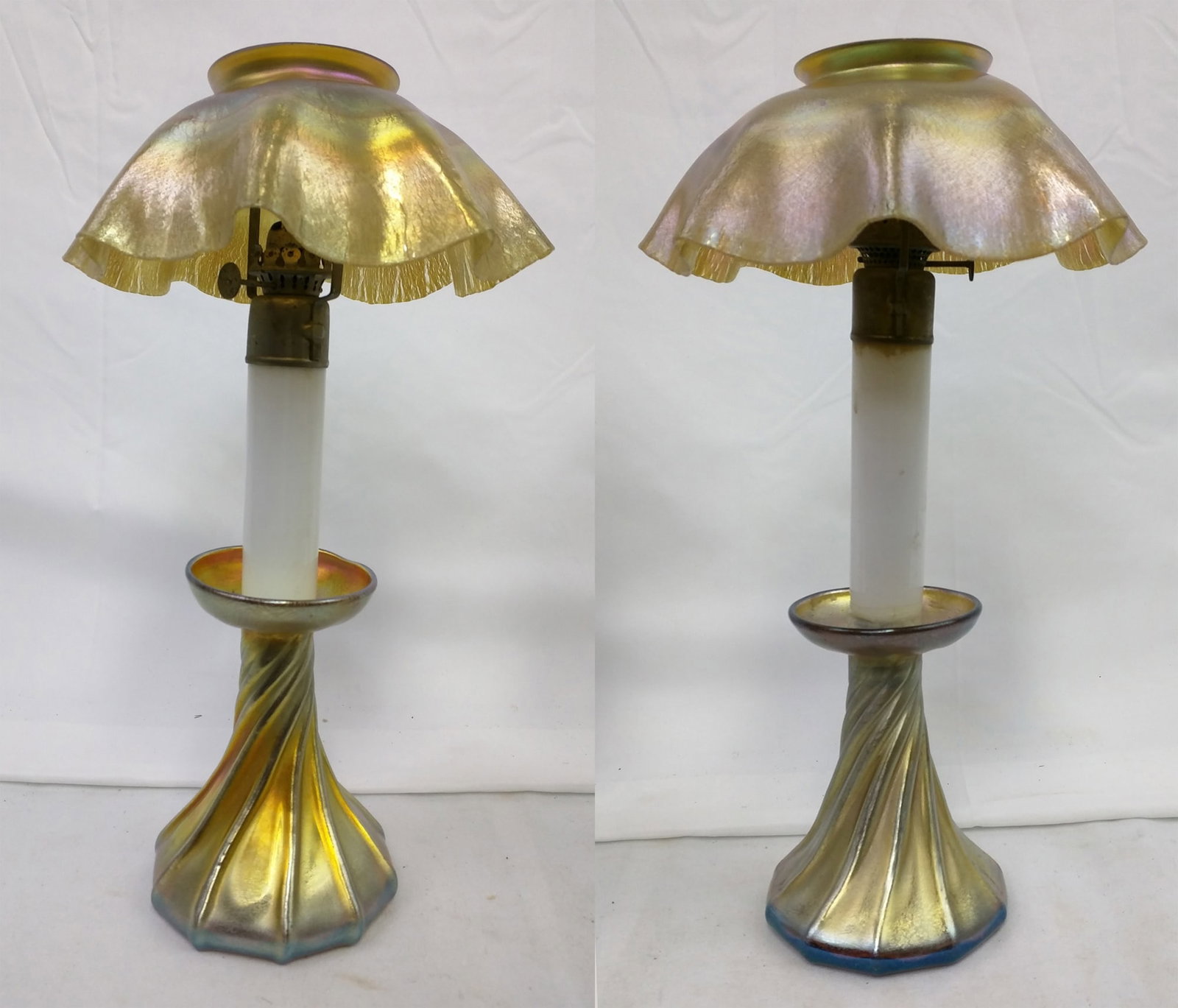 Tiffany Studios Favrile Glass Candlestick Lamp with L.C.T. Shade: Tiffany Studios Favrile Glass Candlestick Lamp with L.C.T. Shade An elegant Favrile glass candlestick lamp by Tiffany Studios, featuring a delicately ruffled iridescent shade and spiral-ribbed baluste