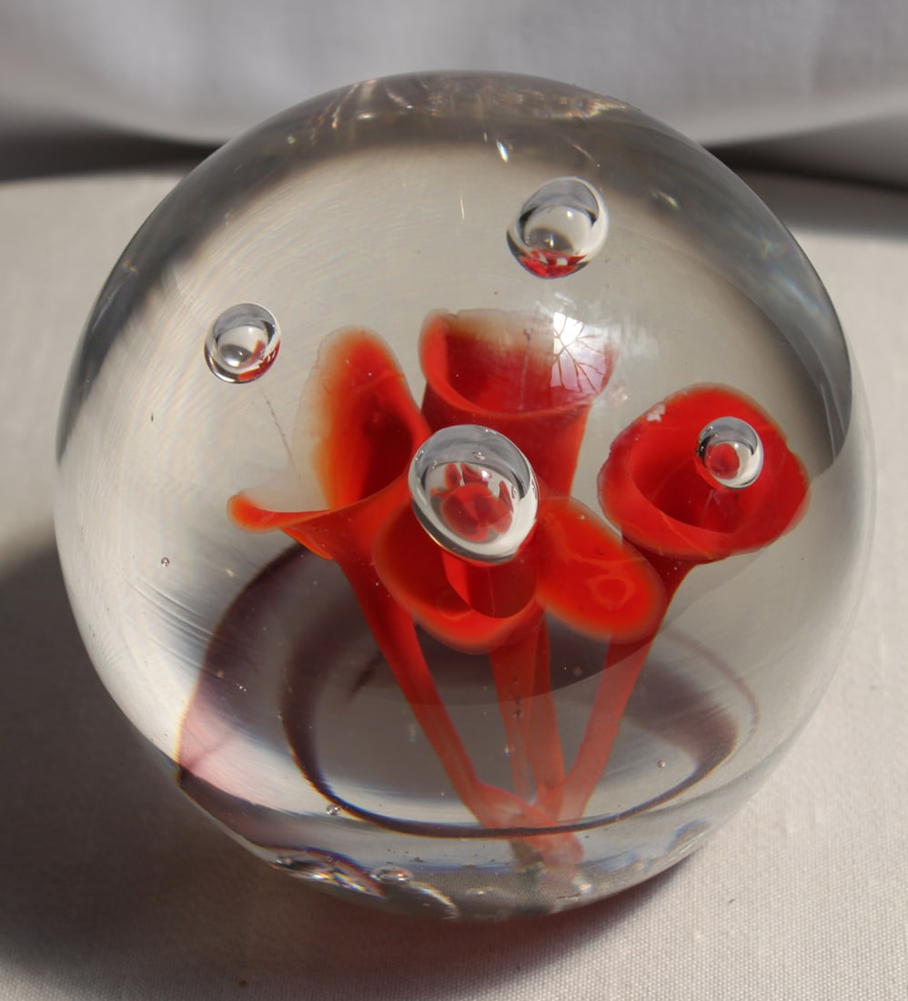 Mid-20th Century Art Glass Paperweight with Encased Red Floral Motif (1 of 4)