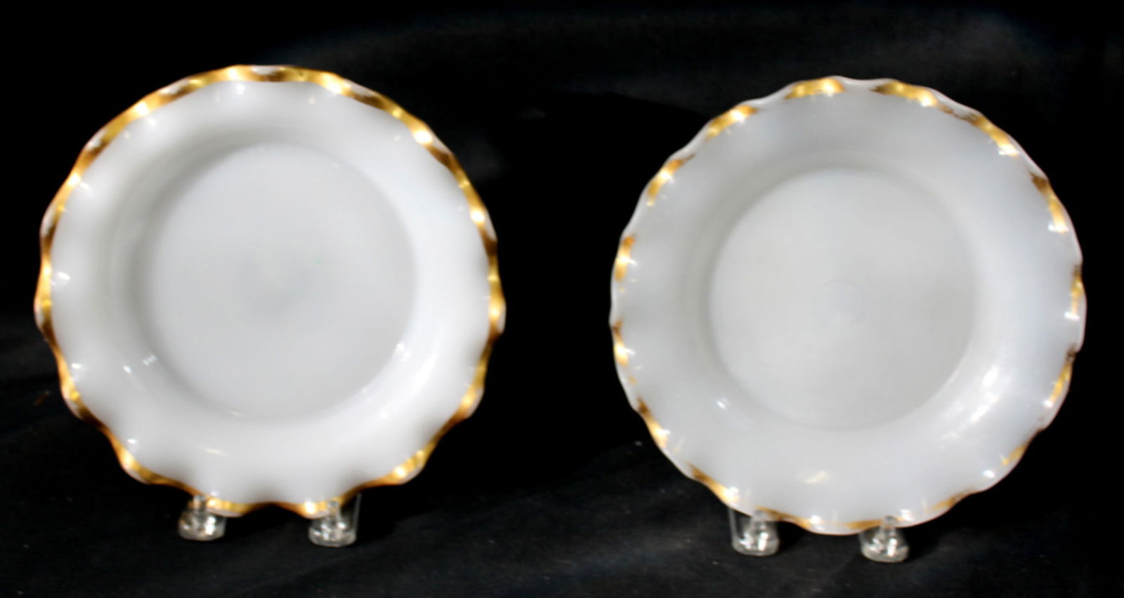 Pair of White Milk Glass Plates with Gilt-Edged Scalloped Rims (1 of 5)
