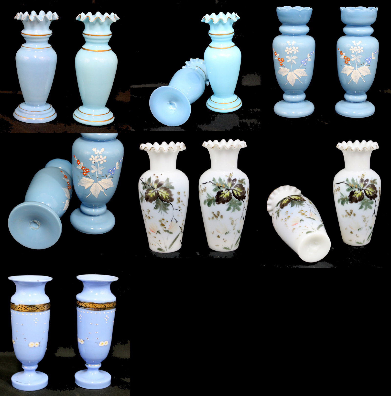 Four Pairs of Opaline / Milk Glass Bud Vases, including Enameled Floral & Gilt-Trim Examples (8 (1 of 6)